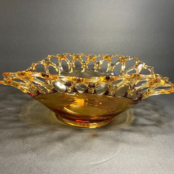 Vintage Westmoreland Amber Doric Centerpiece Lace Lattice Edge Glass Bowl - Picture 6 of 8